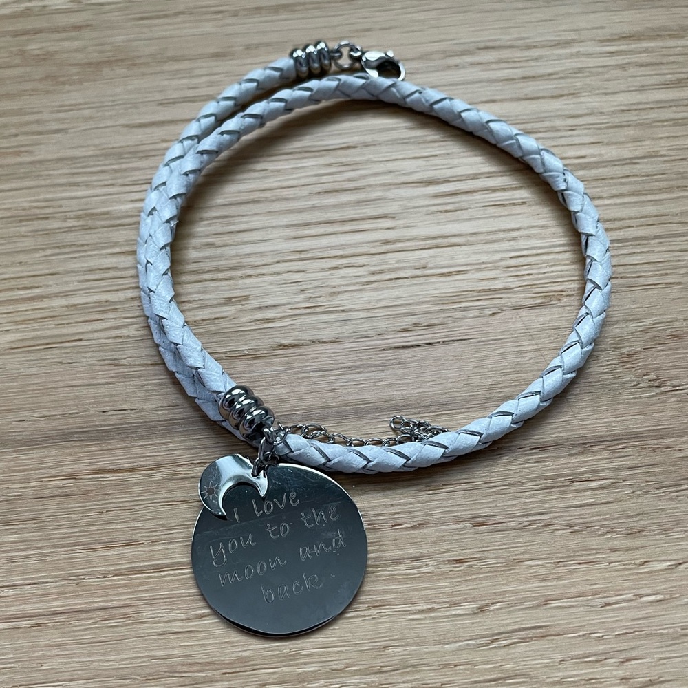White Balla leather woven “I love you to the moon and back” bracelet